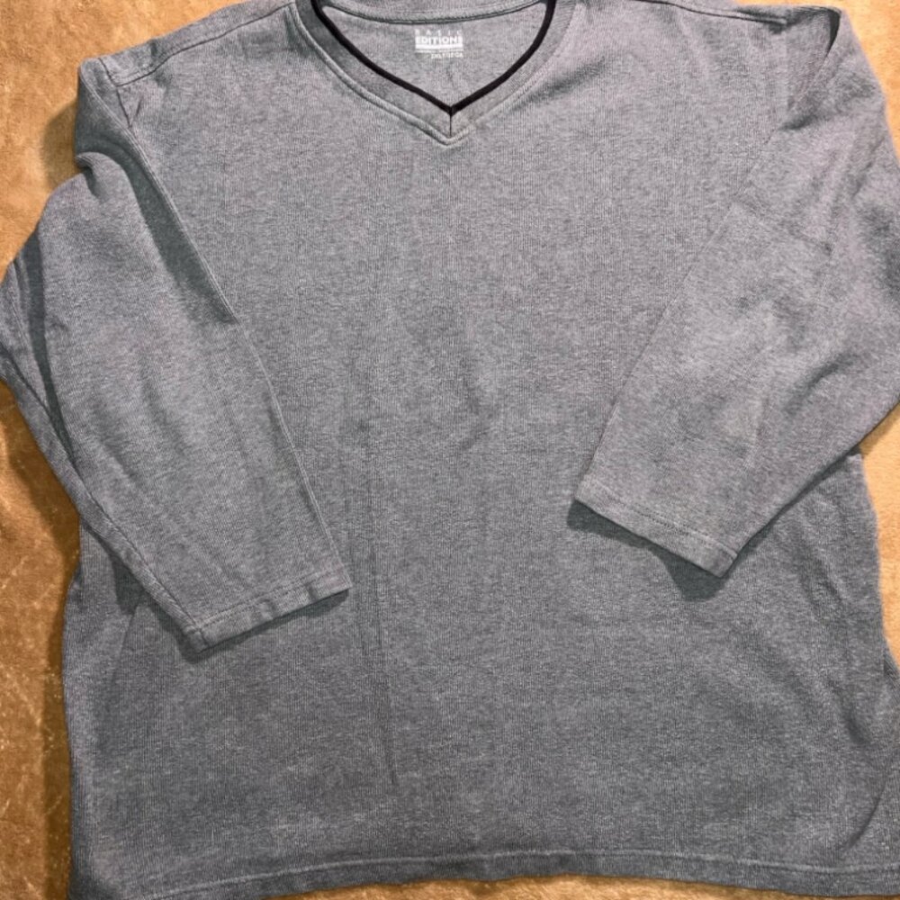 Basic Editions‎ Men 2XLT Gray Black V-Neck Thick Long Sleeve Pullover Shirt (C)